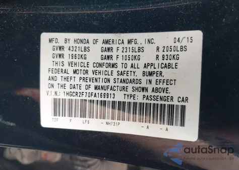 2015 Honda Accord Ex z USA, uszkodzony, nr VIN 1HGCR2F70FA169913